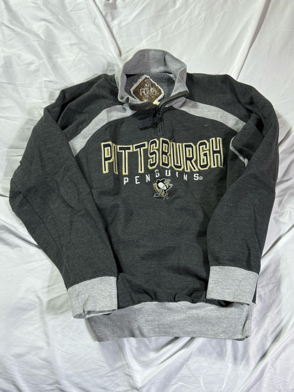 Pittsburgh Penguins NHL 3 Four Quarter Zip Sweater Gray Black Yellow Medium